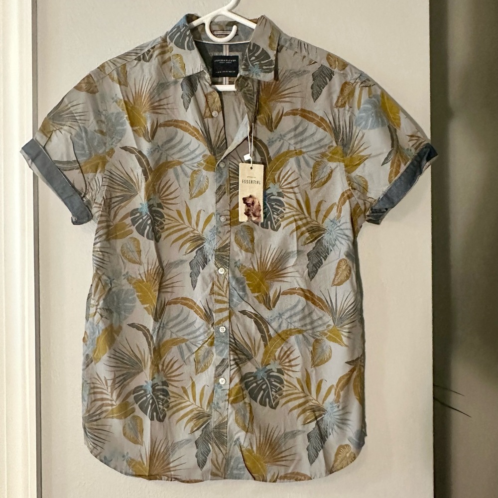 Denim & Flower Leaf Print Casual Shirt - Blue, Gold, Brown